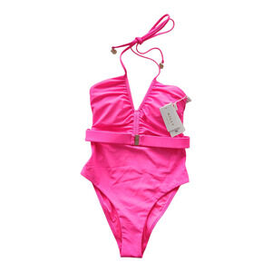 MILLY Cabana Ruched Halter One Piece Swimsuit P Neon Pink‎ Beach Vacation Resort